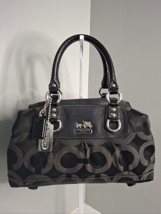 Coach Handbags - Coach Madison Op Art Sabrina Satchel Bag Black Gray Jacquard Patent Leather EUC